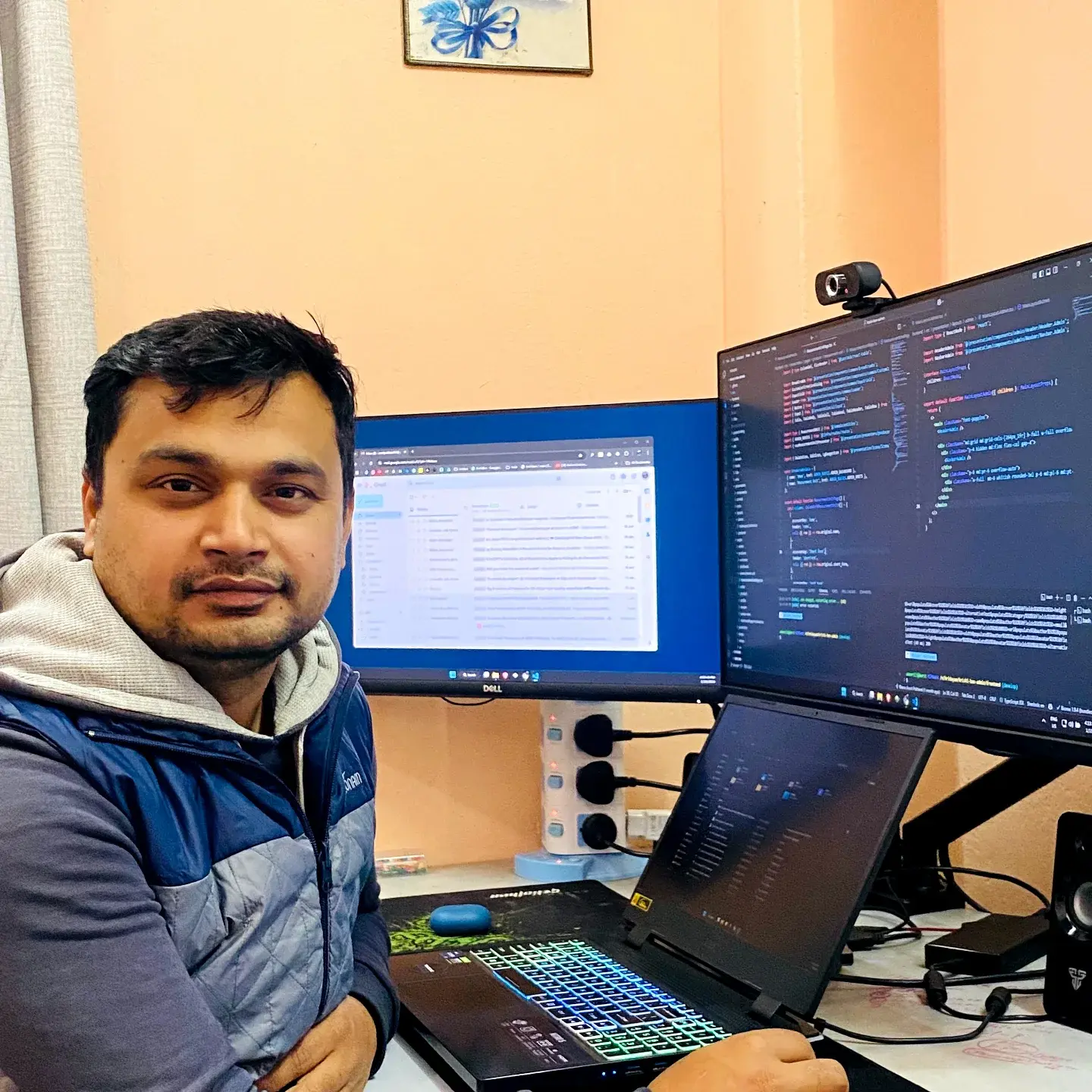Mechanical keyboard on a wooden desk in warm sunlight
